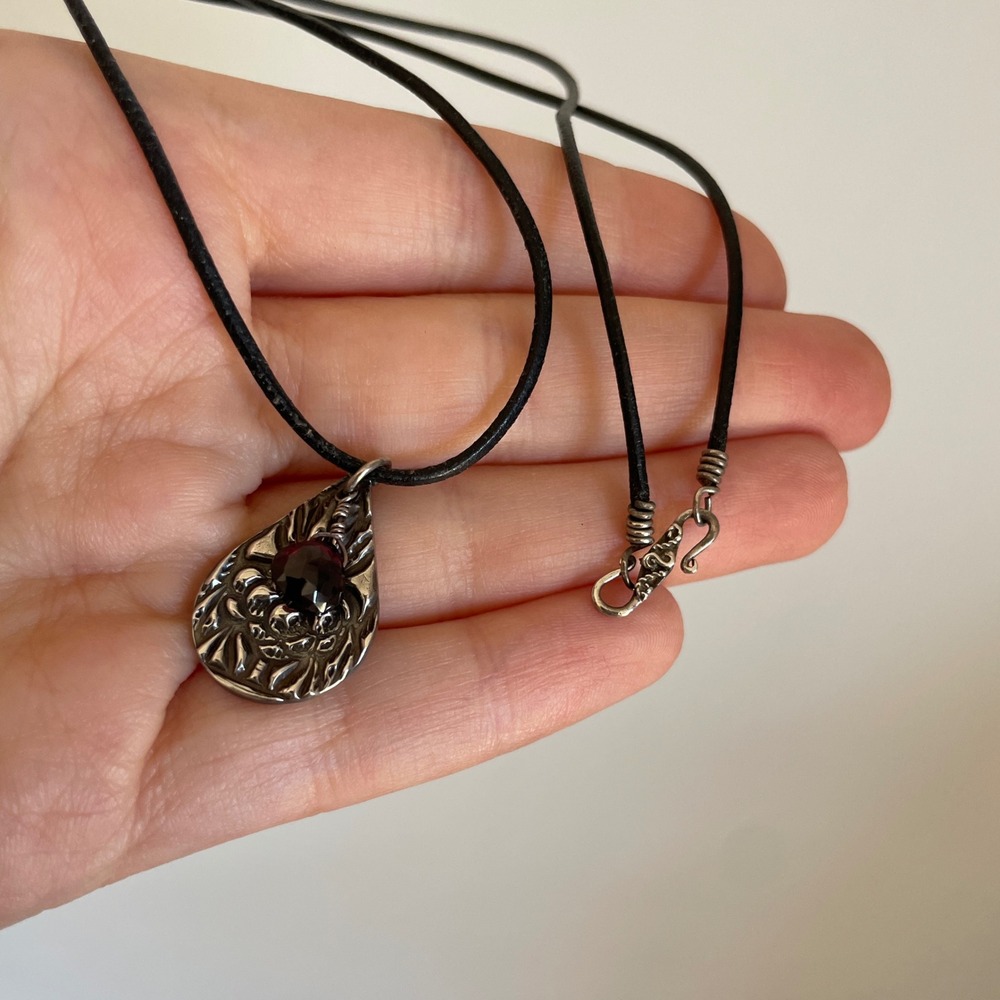 Silver Clay Teardrop Pendant Necklace, Amethyst, Leather‎ Cord